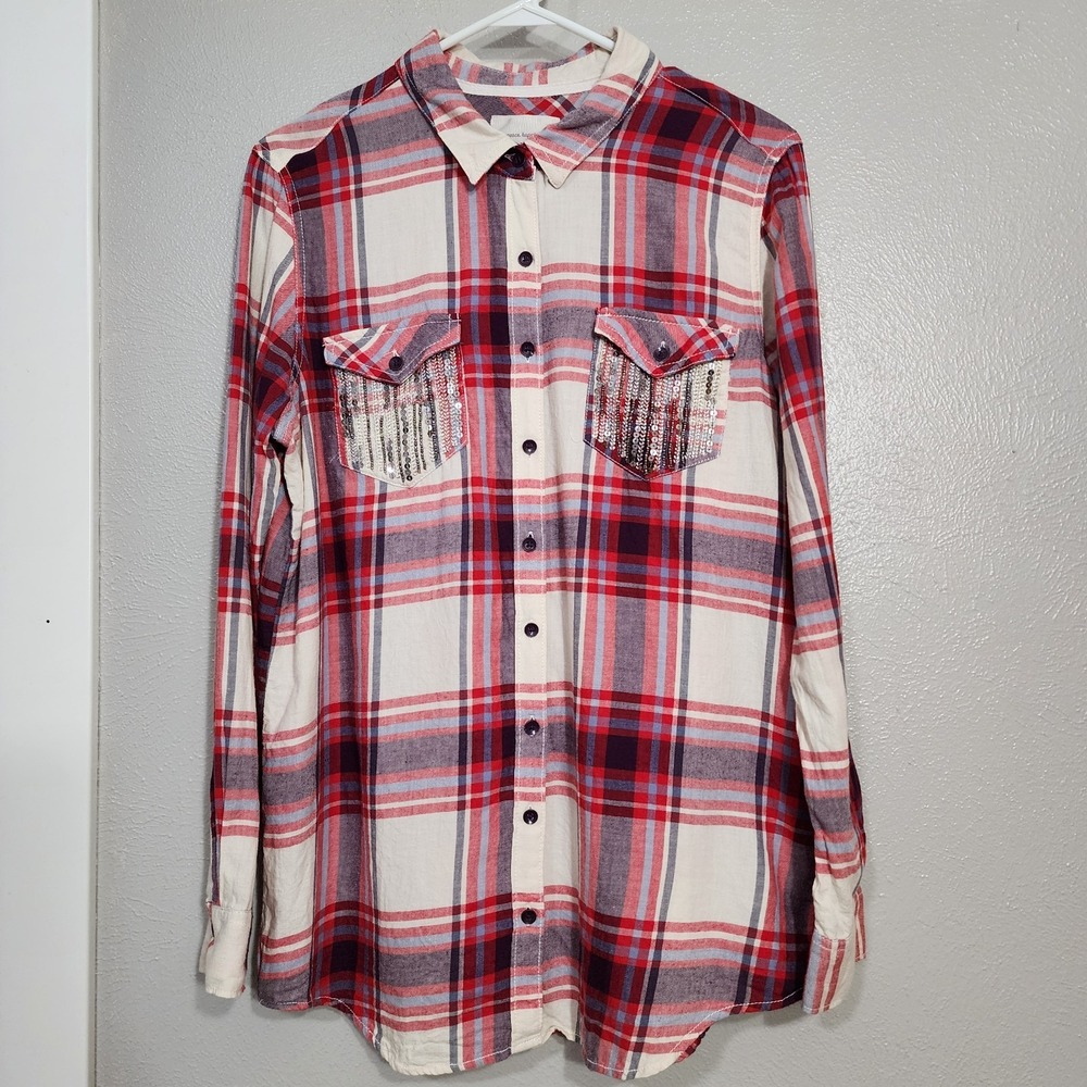 Mudd Women's Plaid Top Size XL Long Sleeve Red White Pocket Shimmer